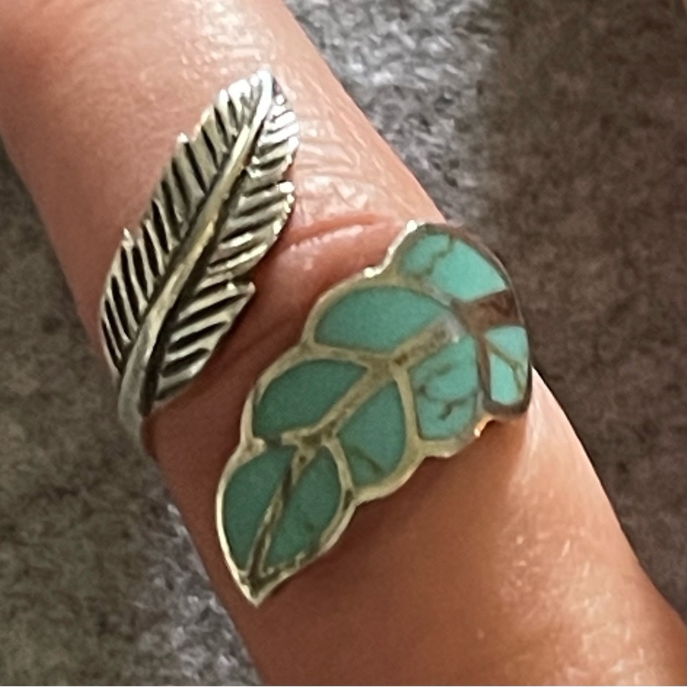 925 sterling silver leaf feather ring adjustable turquoise or marcasite inlay